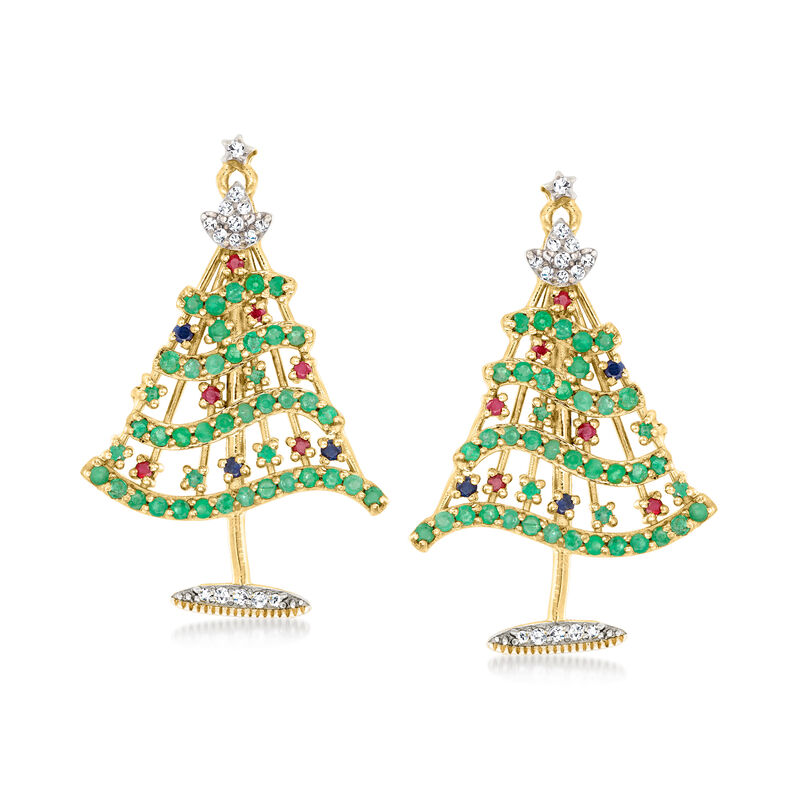 1.40 ct. t.w. Multi-Gemstone Christmas Tree Drop Earrings in 18kt Gold Over Sterling  image number 0