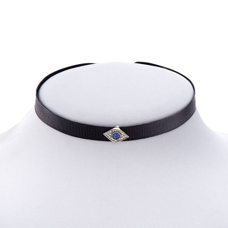Black Ribbon and .18 ct. t.w. CZ Evil Eye Choker Necklace with Sterling Silver. 12&quot; image number 1