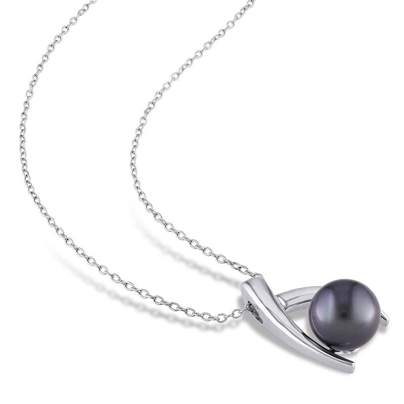 9.5-10mm Black Cultured Tahitian Pearl Pendant Necklace in Sterling Silver. 18&quot; image number 2