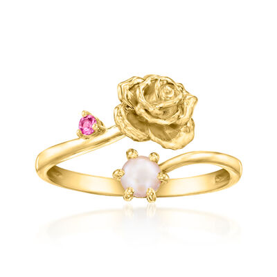 Rose Flower/June Birthstone Ring with 3.5-4mm Cultured Pearl and Single Rhodolite Garnet in 18kt Gold Over Sterling