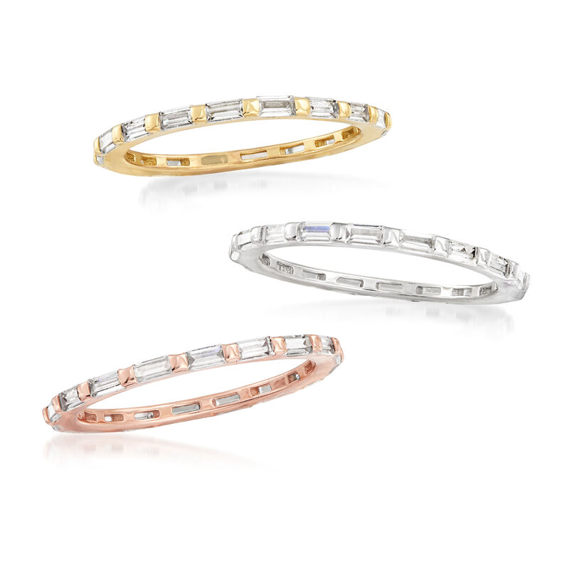 3.20 ct. t.w. Baguette CZ Jewelry Set: Three Rings in Rose and Yellow 18kt Gold Over Sterling and Sterling Silver image number 3
