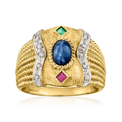 C. 1980 Vintage .65 Carat Sapphire and .14 ct. t.w. Multi-Gemstone Ring with Diamonds in 14kt Yellow Gold