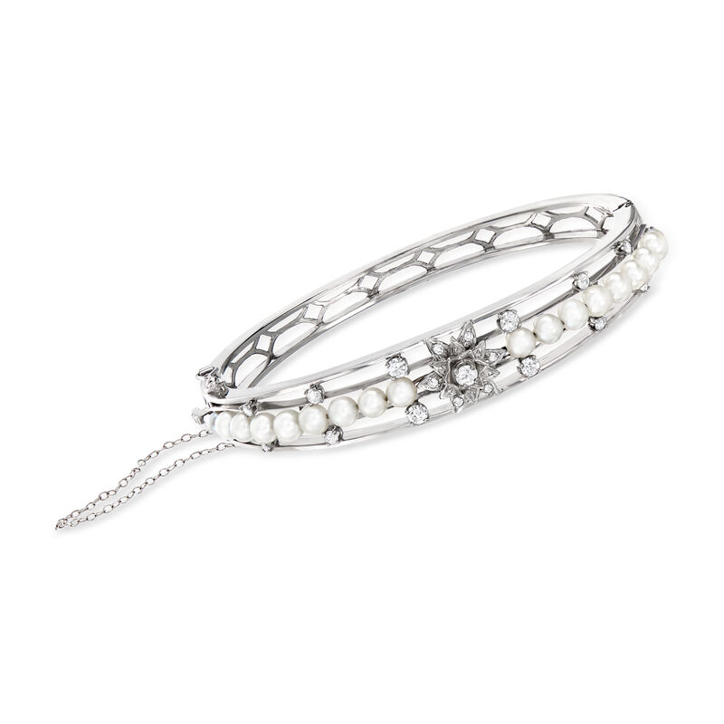 C. 1970 Vintage 3-4mm Cultured Pearl and .65 ct. t.w. Diamond Bangle Bracelet in 14kt White Gold. 7&quot; image number 0
