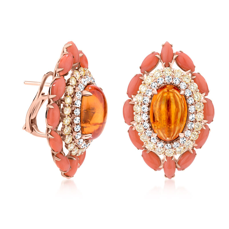 13.00 ct. t.w. Orange Garnet, Peach Coral and 3.30 ct. t.w. Multicolored Diamond Earrings in 18kt Two-Tone Gold image number 1