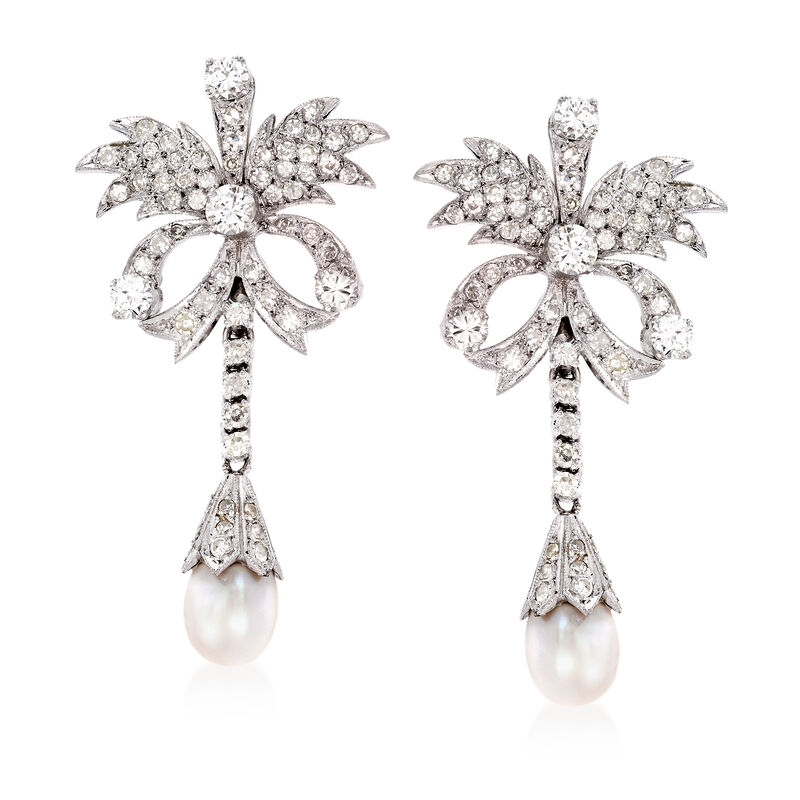 C. 1980 Vintage Cultured Pearl and 2.60 ct. t.w. Diamond Floral Drop Earrings in Sterling Silver image number 0