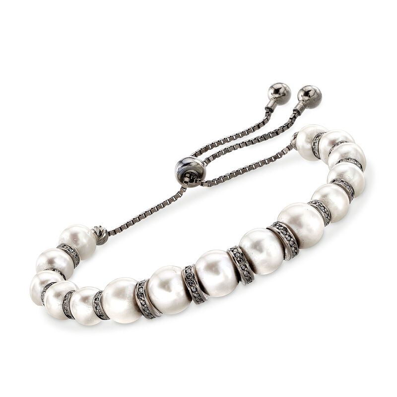 7-8.5mm Cultured Pearl and 1.00 ct. t.w. Black Spinel Bolo Bracelet in Sterling Silver with Black Rhodium image number 0