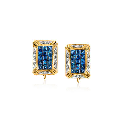 C. 1980 Vintage 4.40 ct. t.w. Sapphire and .20 ct. t.w. Rectangular Earrings in 18kt Yellow Gold