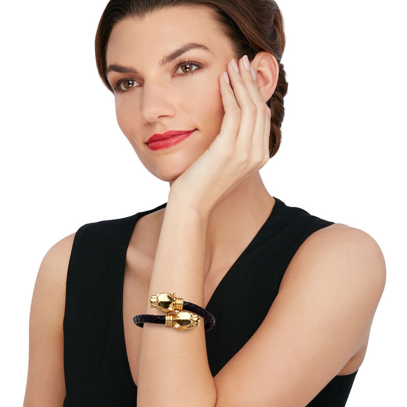 Italian 18kt Yellow Gold Panther Bypass Bracelet with Black Leather image number 1