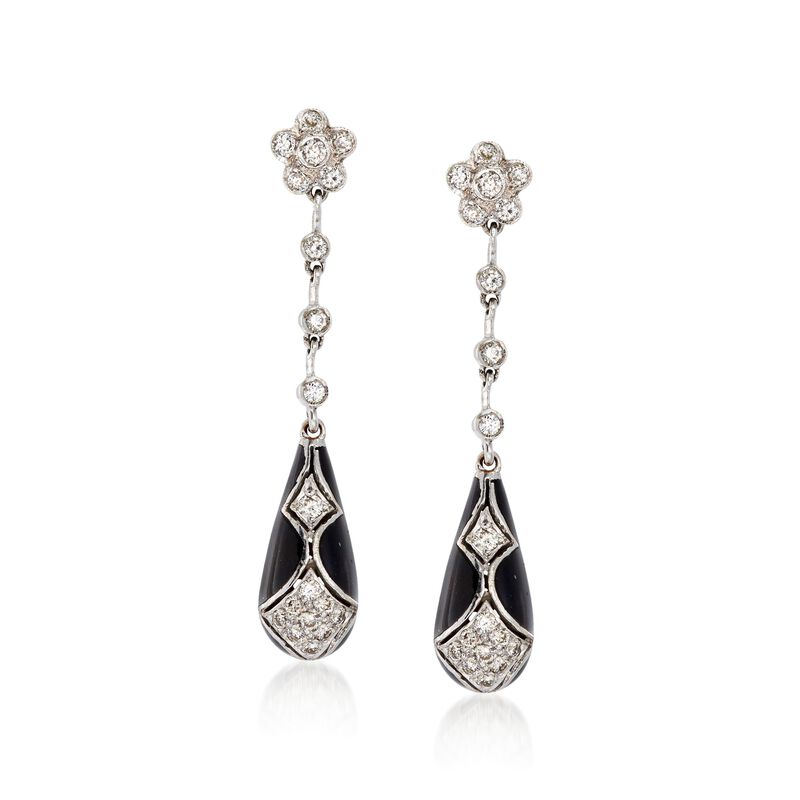 C. 1990 Vintage .75 ct. t.w. Diamond and Black Enamel Drop Earrings in 18kt White Gold image number 0