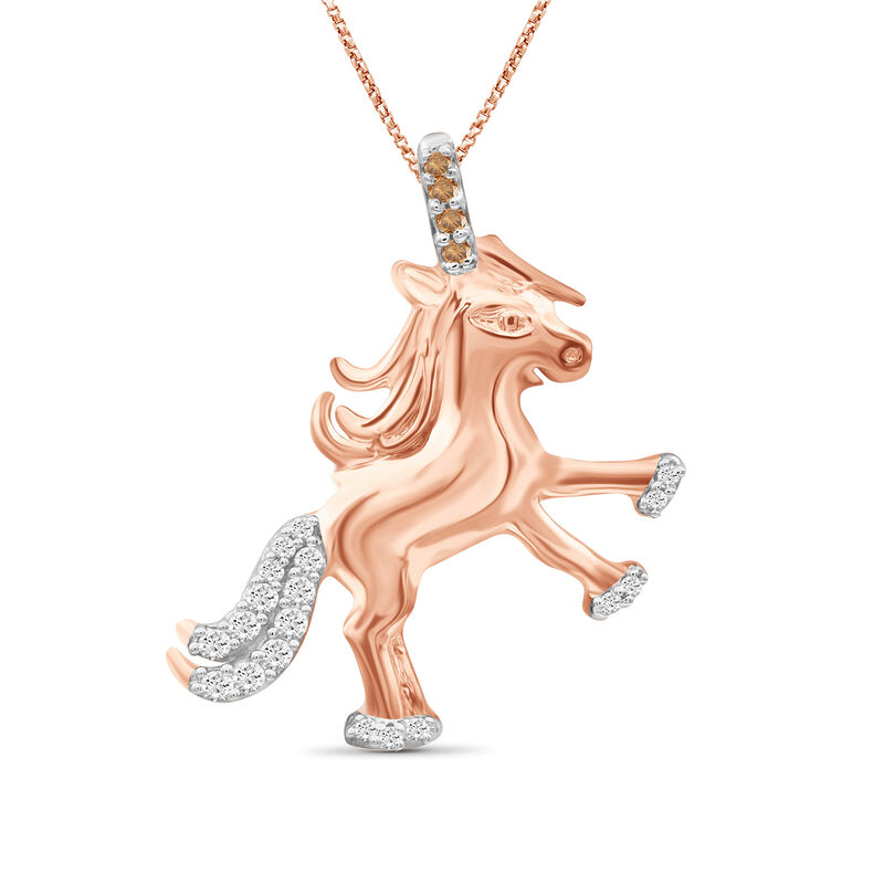 .10 ct. t.w. Champagne and White Diamond Unicorn Pendant Necklace in 18kt Rose Gold Over Sterling Silver. 18&quot; image number 0