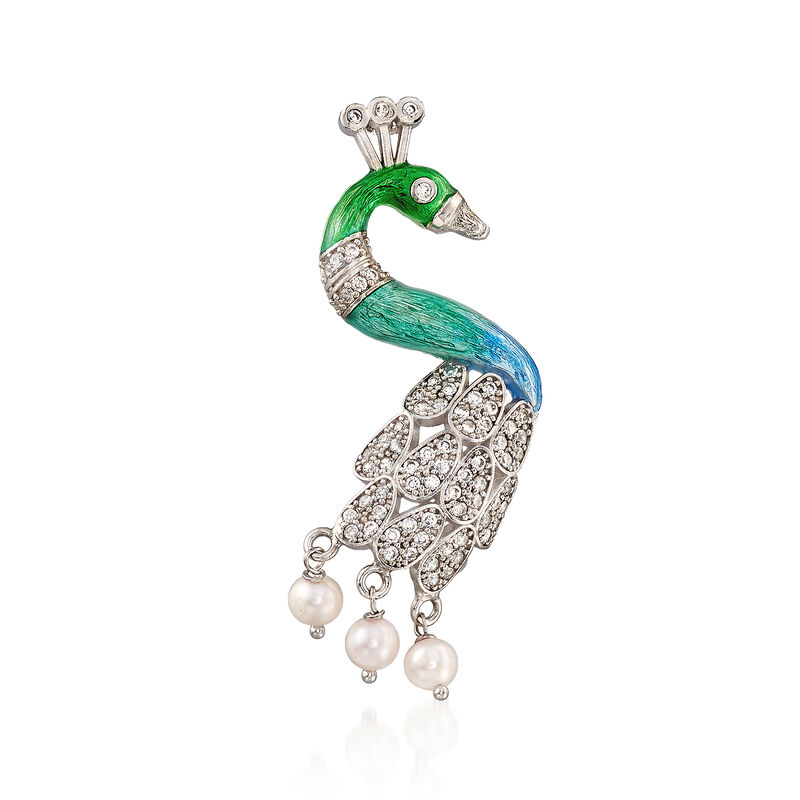Italian 1.30 ct. t.w. CZ and 5.5-6mm Cultured Pearl with Enamel Peacock Pendant in Sterling Silver image number 0