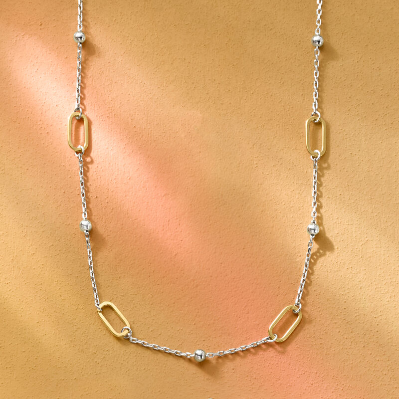 18kt Gold Over Sterling and Sterling Silver Paper Clip Link Bead Station Necklace image number 2