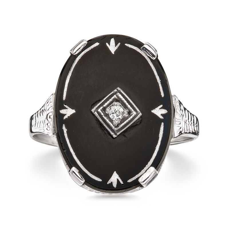C. 1980 Vintage Onyx Ring with Single Diamond in 14kt White Gold. Size 6 image number 0