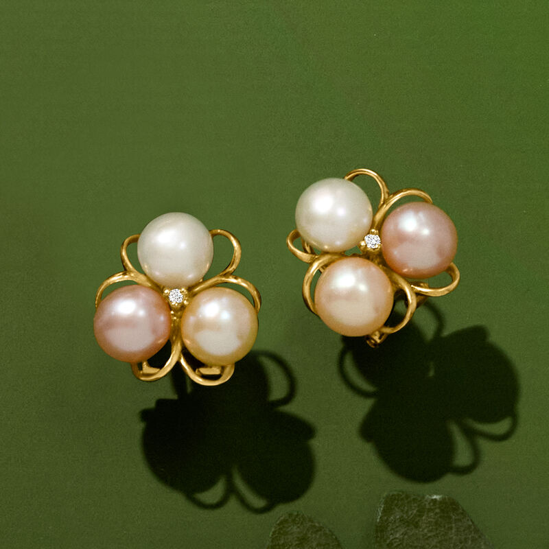 6.5mm Multicolored Cultured Pearl Flower Earrings with Diamonds in 18kt Gold Over Sterling image number 3