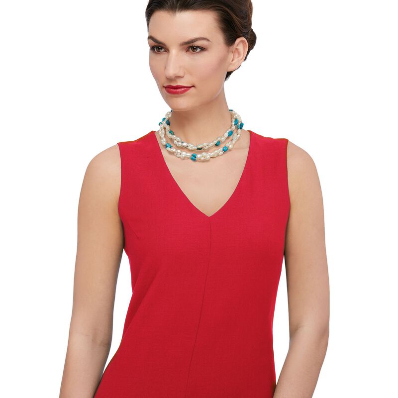 7.5-8.5mm Cultured Pearl and 7-9mm Turquoise Bead Endless Necklace with Sterling Silver Shortener. 72&quot; image number 8