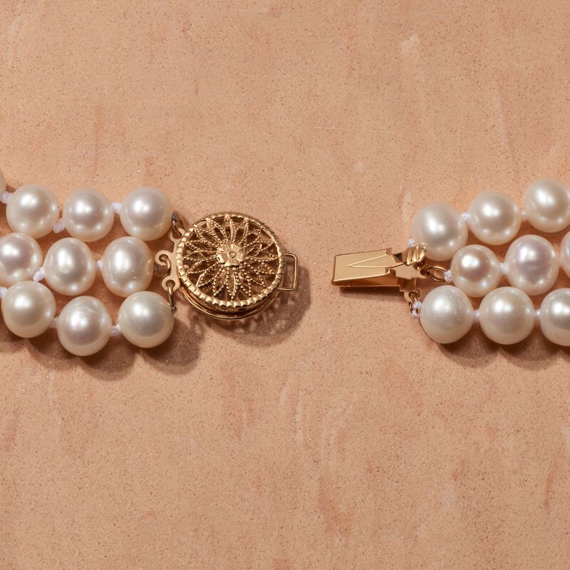 6-11.5mm Cultured Pearl Graduated Three-Strand Necklace with 14kt Yellow Gold image number 3