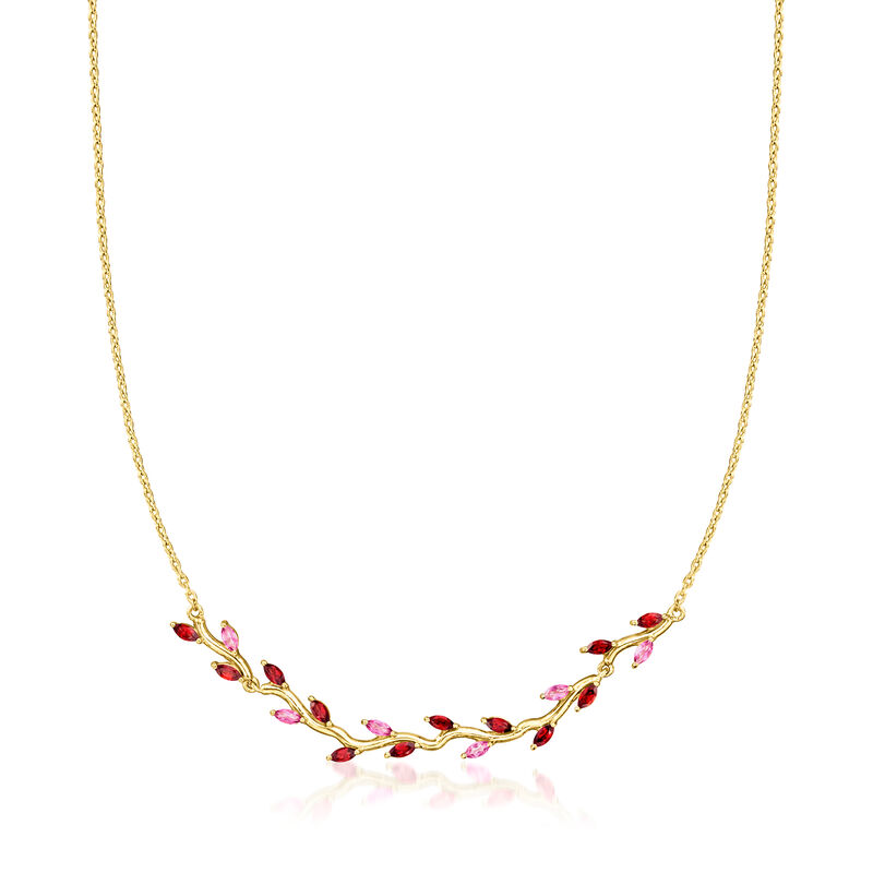 1.00 ct. t.w. Garnet and .40 ct. t.w. Pink Topaz Leaf Necklace in 18kt Gold Over Sterling. 16" image number 1