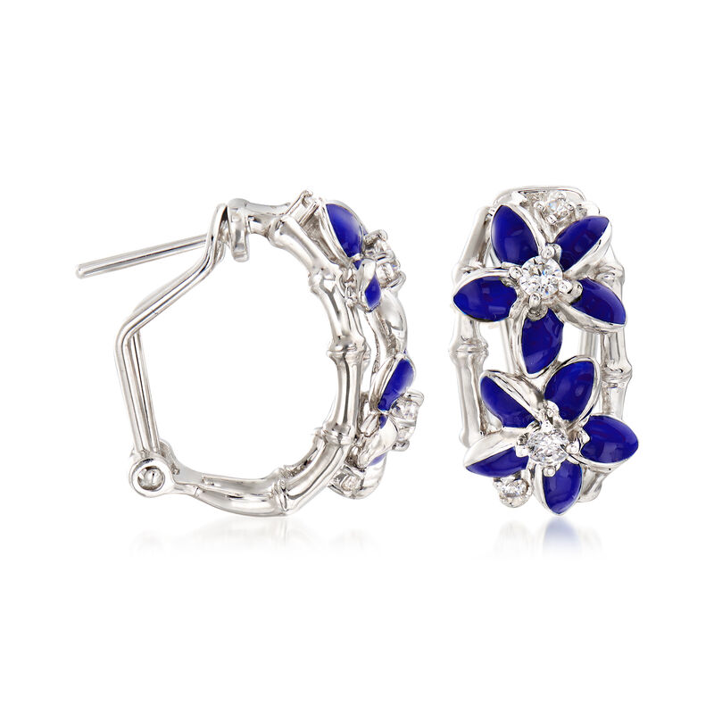 Belle Etoile &quot;Leilani&quot; Blue Enamel and .34 ct. t.w. CZ Flower Hoop Earrings in Sterling Silver. 3/4&quot; image number 2