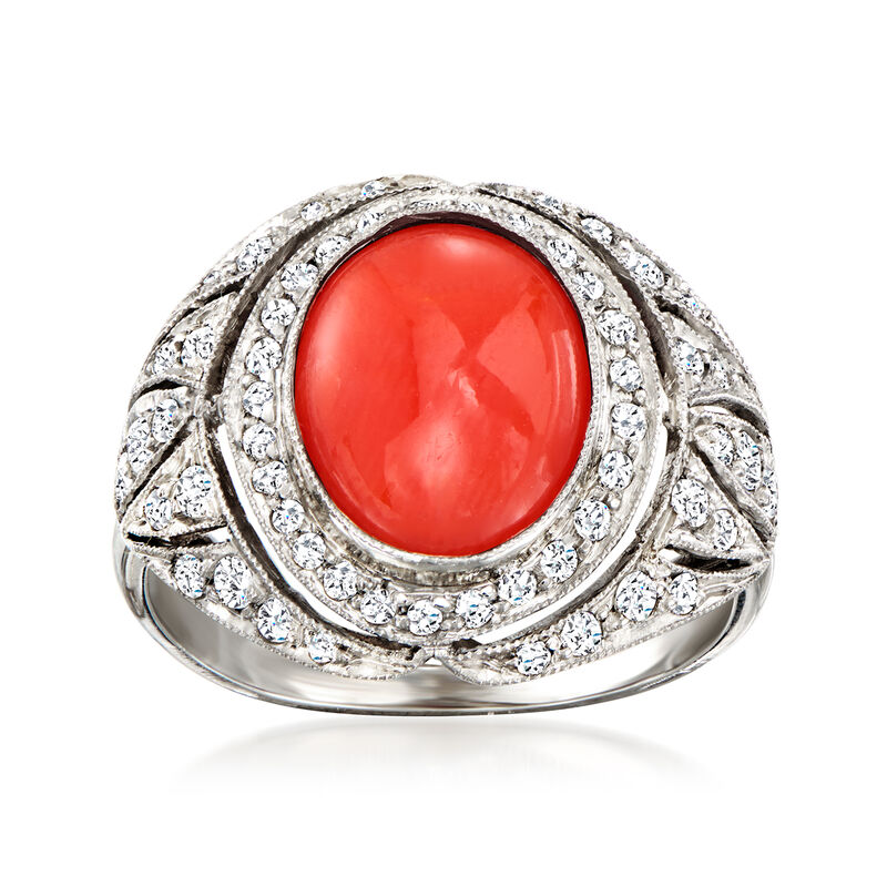 C. 1960 Vintage Coral and .65 ct. t.w. Diamond Ring in Platinum. Size 7.5 image number 0