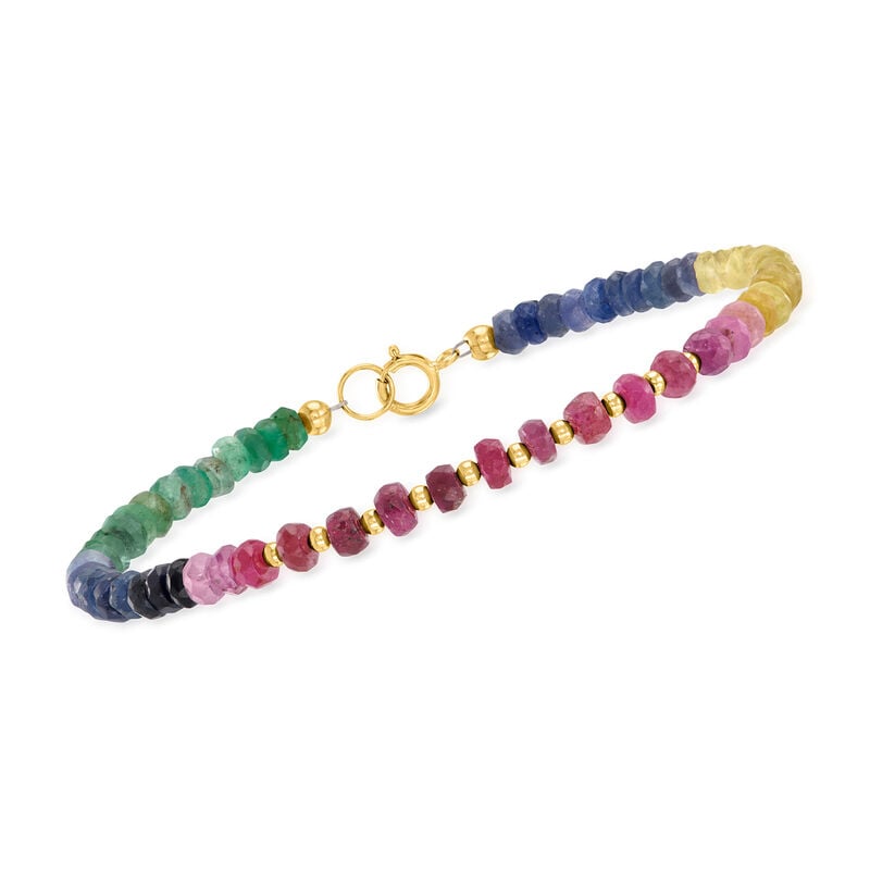18.00 ct. t.w. Multicolored Sapphire and 4.40 ct. t.w. Ruby Bead Bracelet in 10kt Yellow Gold image number 0
