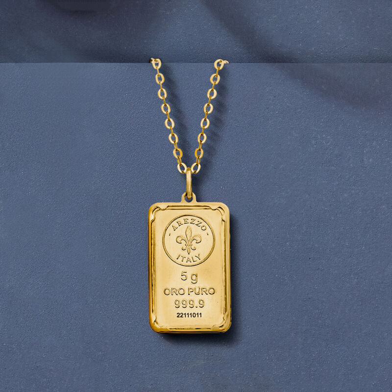 Italian 24kt Yellow Gold Fleur-De-Lis Five-Gram Ingot Pendant Necklace with 14kt Gold Frame. 18" image number 3