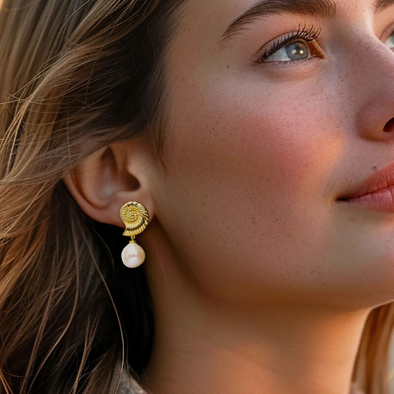 10-10.5mm Cultured Pearl Seashell Drop Earrings in 18kt Gold Over Sterling image number 1