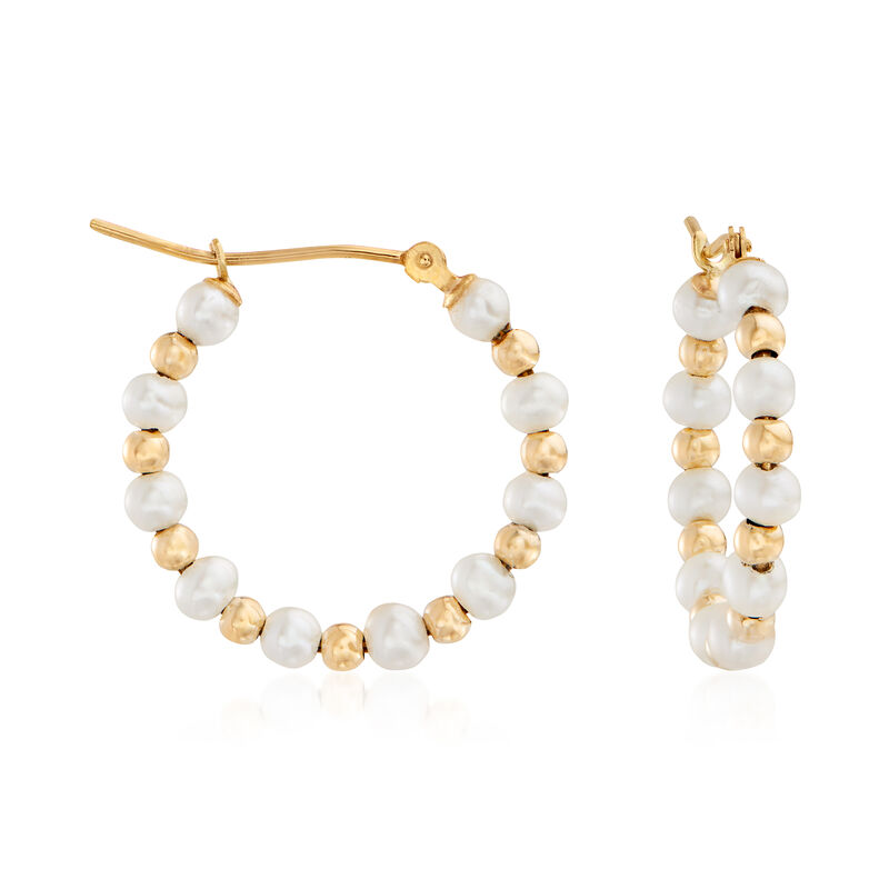 3-4mm Cultured Pearl Hoop Earrings in 14kt Yellow Gold. 3/4&quot; image number 0
