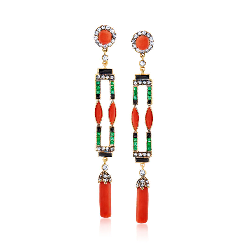 C. 1940 Vintage Black Onyx, Coral, 1.00 ct. t.w. Diamond and .75 ct. t.w. Emerald Drop Earrings in 14kt Gold Over Sterling image number 0