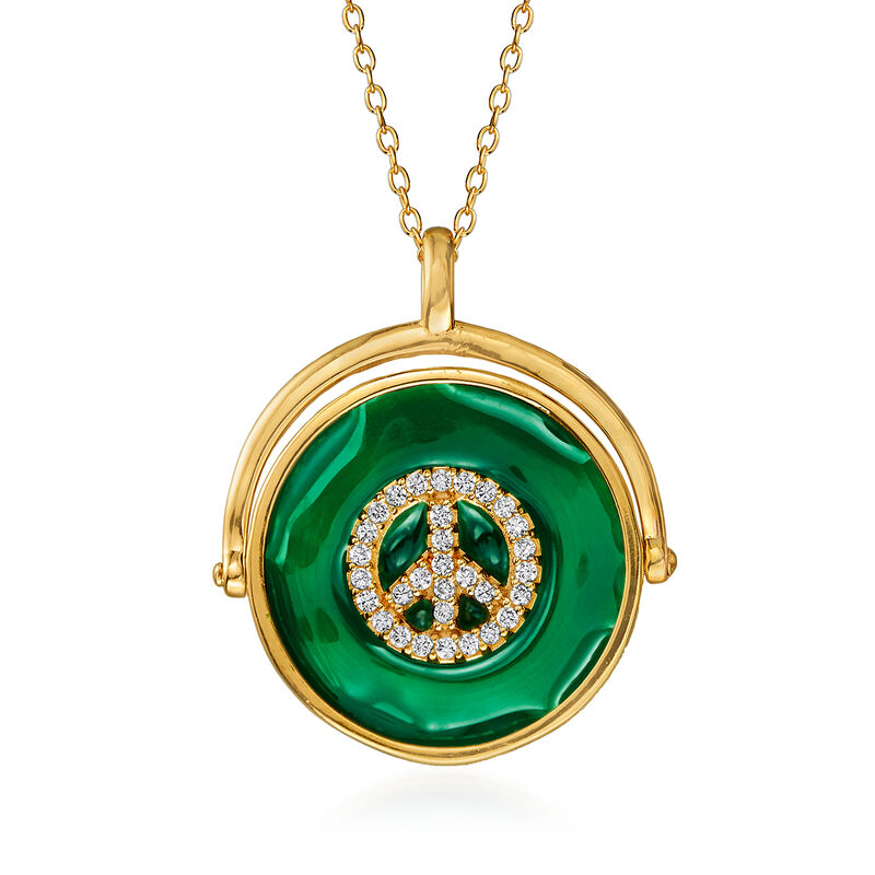 .15 ct. t.w. CZ Peace Sign Pendant Necklace with Green Enamel in 18kt Gold Over Sterling image number 0