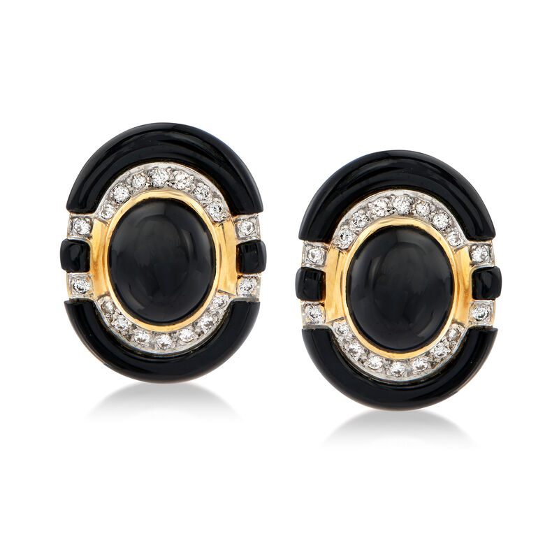 C. 1980 Vintage Black Onyx and .80 ct. t.w. Diamond Earrings in 14kt Yellow Gold image number 0