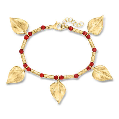 Red Carnelian Bead Leaf Bracelet in 18kt Gold Over Sterling
