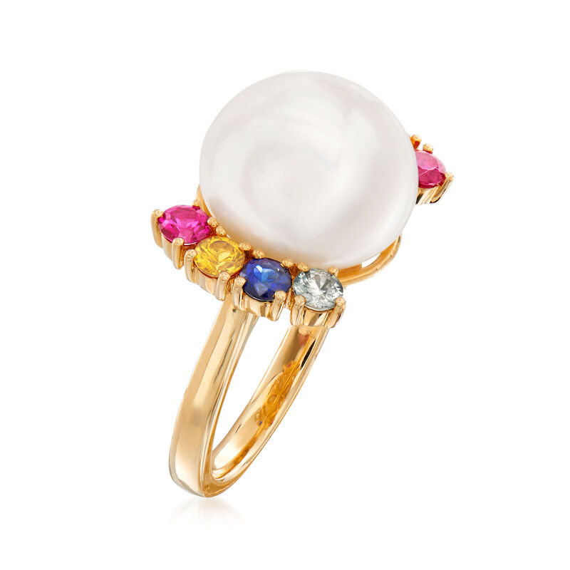 Cultured Pearl and .80 ct. t.w. Multi-Gemstone Ring in 14kt Yellow Gold. Size 7 image number 2
