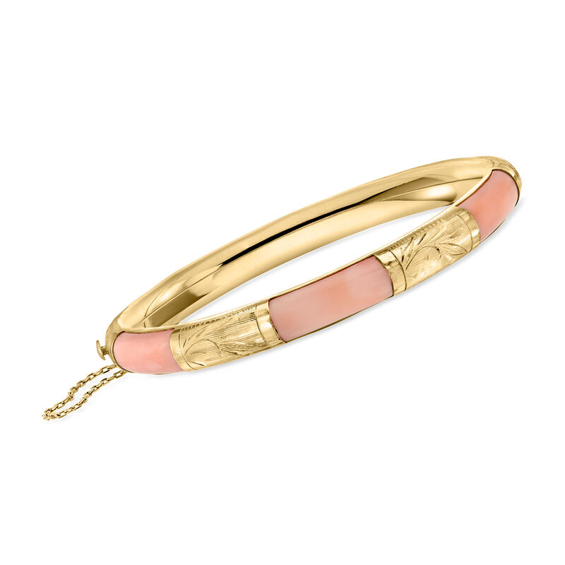 C. 1970 Vintage Pink Coral Bangle Bracelet in 14kt Yellow Gold. 7" image number 0