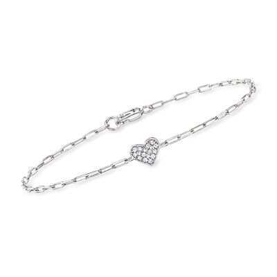 .10 ct. t.w. Pave Diamond Heart Paper Clip Link Bracelet in Sterling Silver