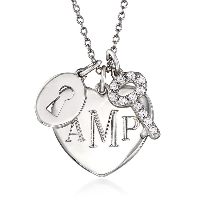 .30 ct. t.w. CZ Personalized Lock and Key Heart Pendant Necklace in Sterling Silver image number 0