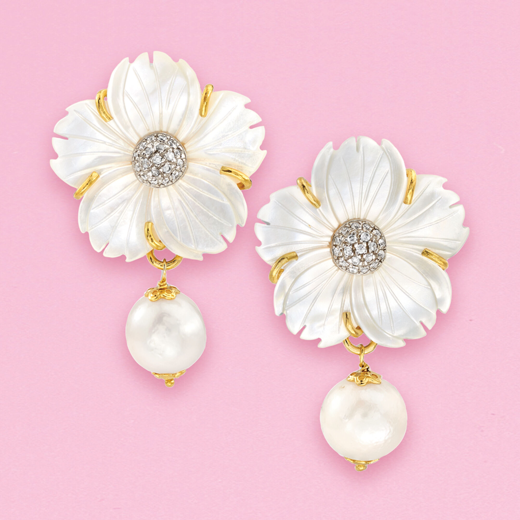 Italian Mother-of-Pearl and 12mm Cultured Pearl Flower Drop