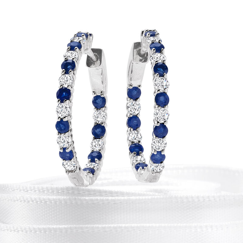 1.00 ct. t.w. Sapphire and 1.00 ct. t.w. Diamond Inside-Outside Hoop Earrings in Sterling Silver. 7/8&quot; image number 2