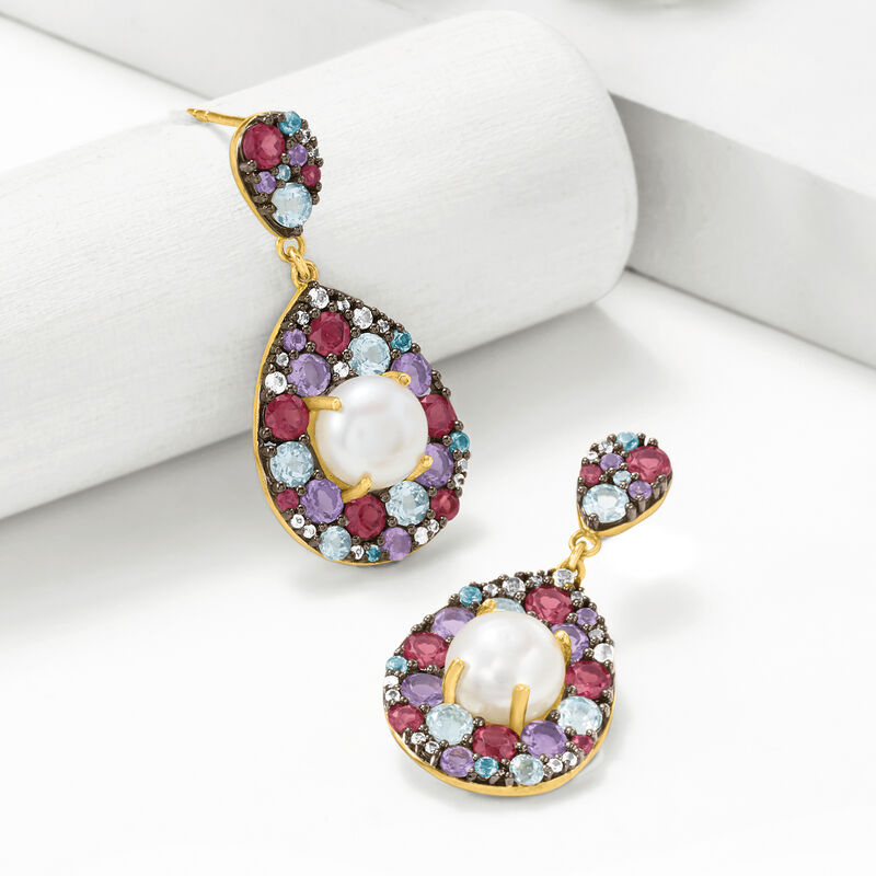 10-10.5mm Cultured Pearl and 10.00 ct. t.w. Multi-Gemstone Drop Earrings in 18kt Gold Over Sterling image number 2