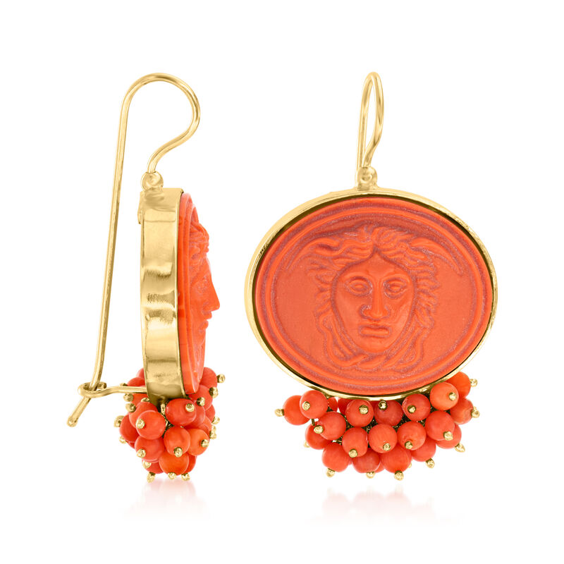 Italian Tagliamonte Red Coral and Venetian Glass Medusa Drop Earrings in 18kt Gold Over Sterling image number 2