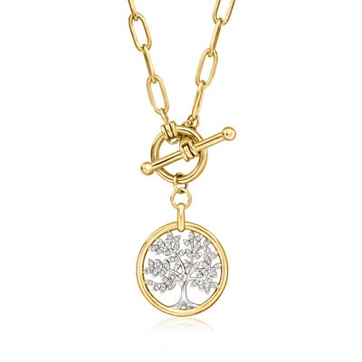 Italian .20 ct. t.w. Diamond Tree of Life Paper Clip Link Necklace in 18kt Gold Over Sterling and Sterling Silver