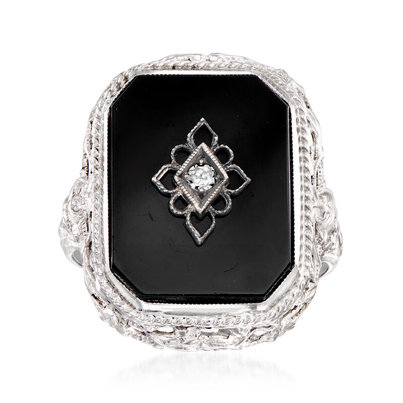 C. 1940 Vintage Black Onyx and Diamond-Accented Ring in 14kt White Gold image number 0