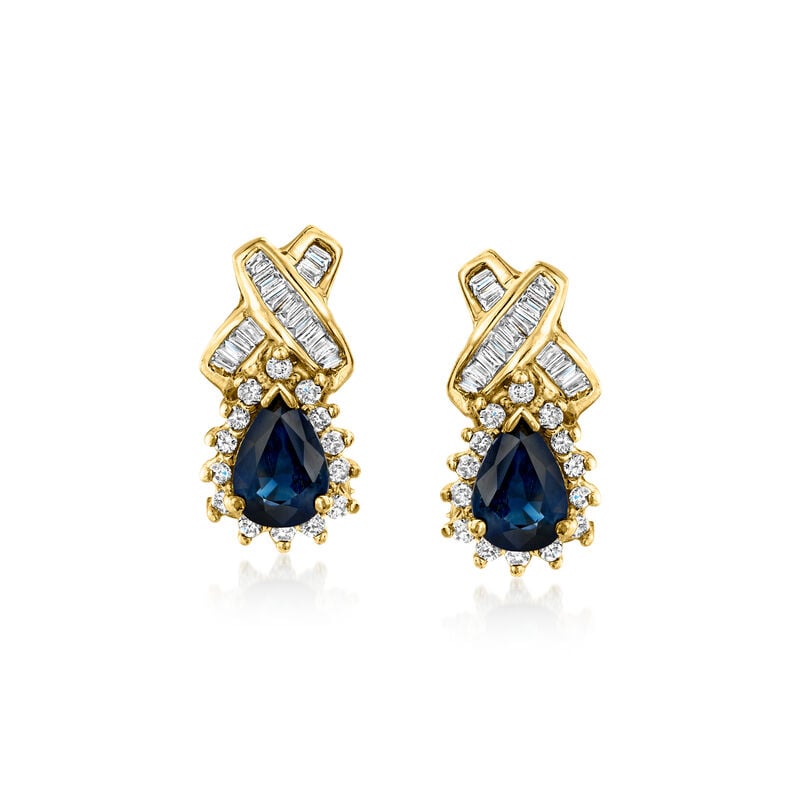C. 1980 Vintage 1.90 ct. t.w. Sapphire and .65 ct. t.w. Diamond Drop Earrings in 14kt Yellow Gold image number 0