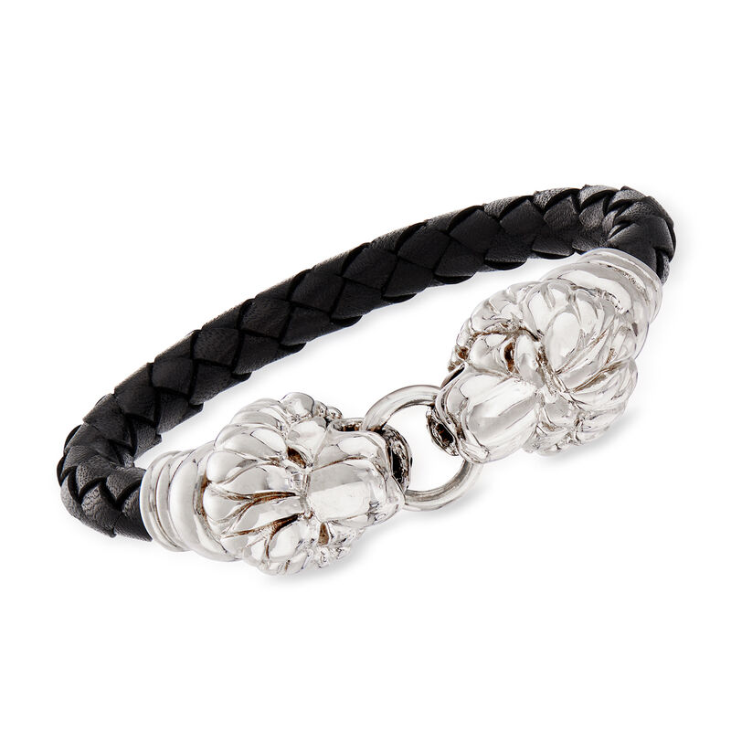 Italian Sterling Silver Double Lion Head Black Leather Bracelet with Magnetic Clasp image number 0