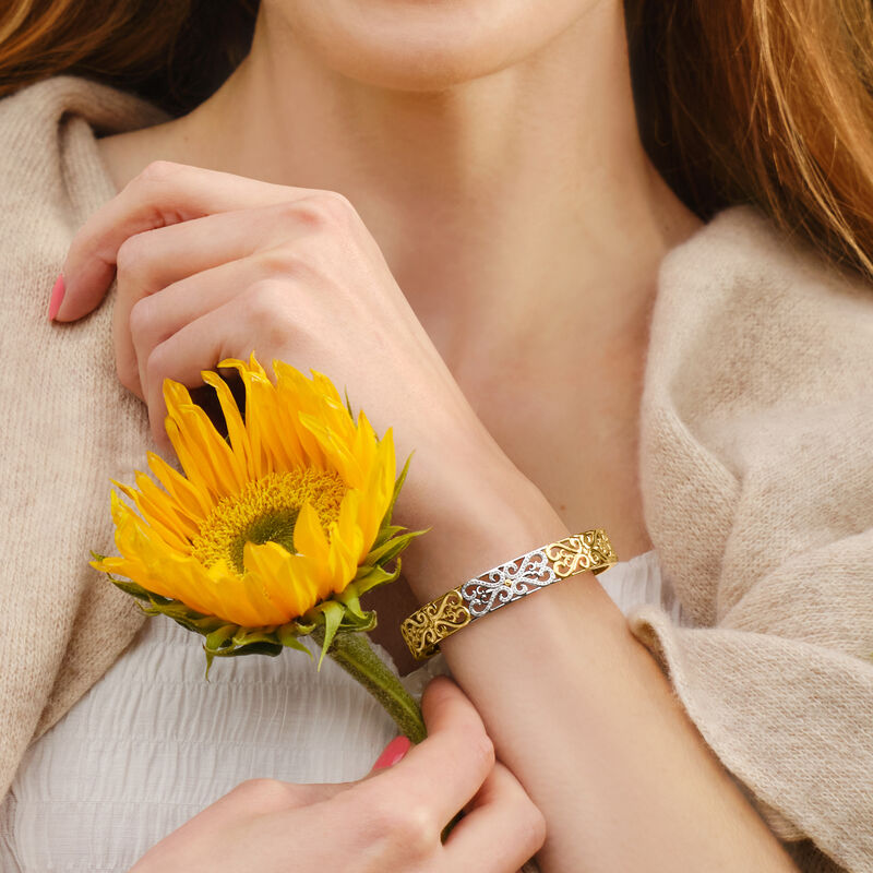 .21 ct. t.w. Diamond Filigree Heart Cuff Bracelet in Two-Tone Sterling Silver. 7&quot; image number 2