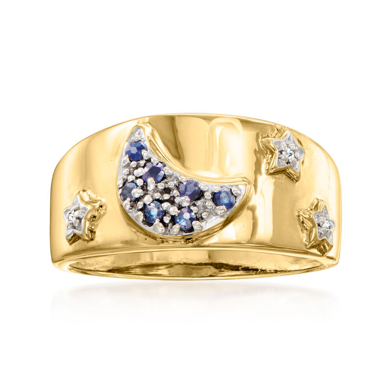 C. 1980 Vintage .14 ct. t.w. Sapphire Moon and Stars Ring with Diamond Accents in 10kt Yellow Gold image number 0