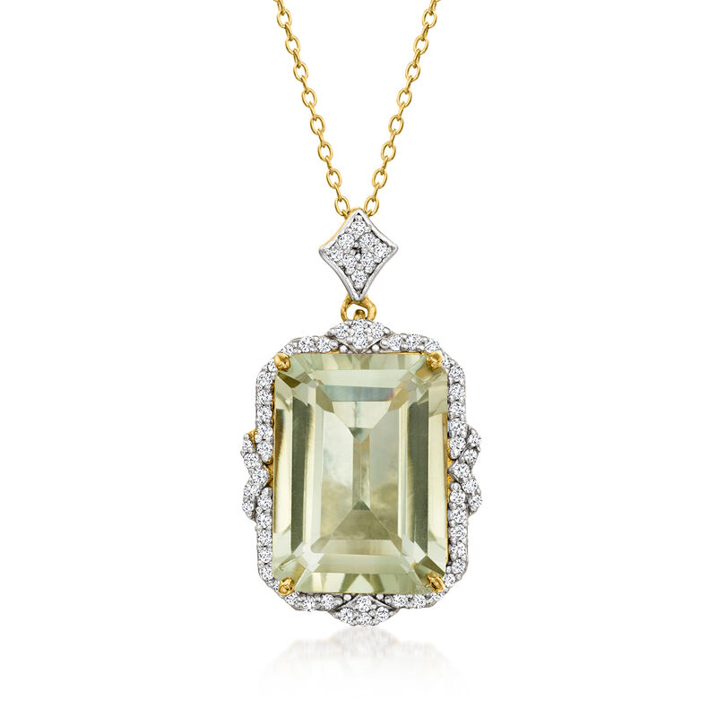 16.00 Carat Prasiolite and 1.20 ct. t.w. White Zircon Pendant Necklace in 18kt Gold Over Sterling. 18&quot; image number 1