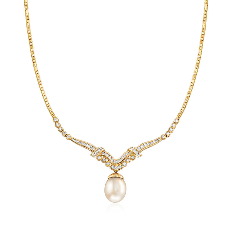 C. 1980 Vintage 15x12mm Cultured South Sea Pearl and 1.35 ct. t.w. Diamond Necklace in 18kt Yellow Gold image number 0