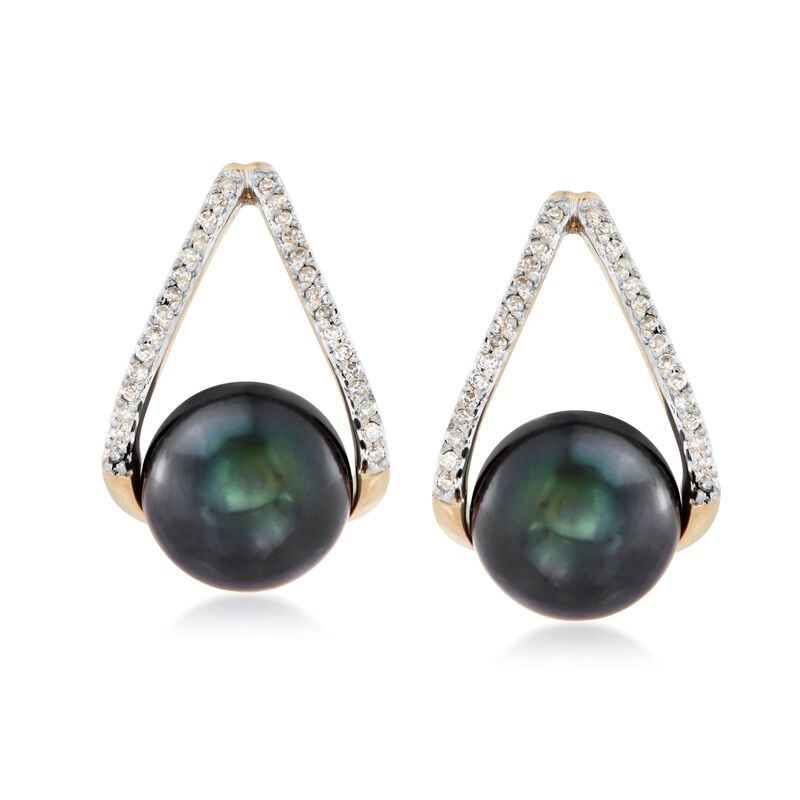 8-8.5mm Black Cultured Pearl and .12 ct. t.w. Diamond Double Hoop Earrings in 14kt Gold image number 0