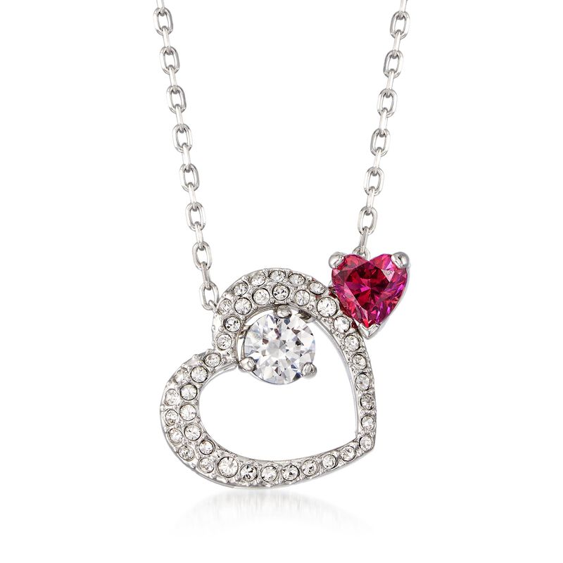 Swarovski Crystal &quot;Love Heart&quot; Pink and Clear Pendant Necklace in Silvertone. 14.75&quot; image number 1