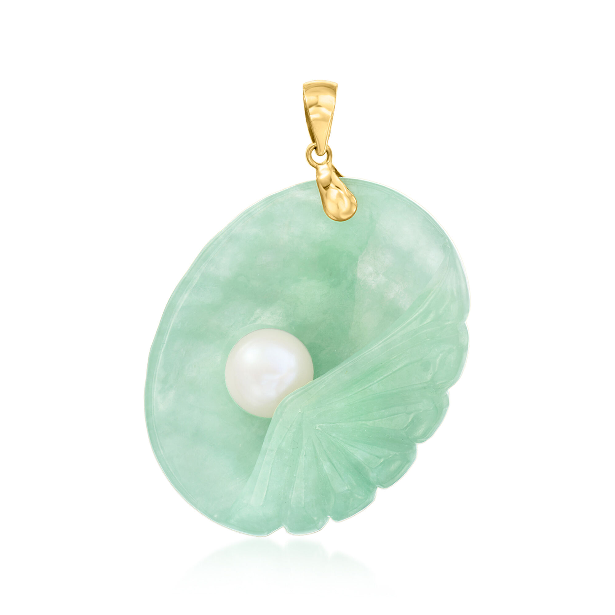 8mm Cultured Pearl and Jade Seashell Pendant with 14kt Yellow Gold